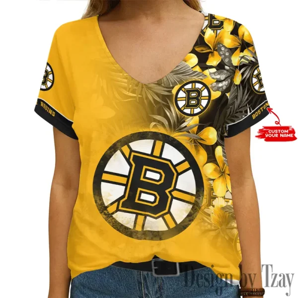 Boston Bruins NHL Girl Clothes Summer V-neck Short-sleeved Tees New 2025 AGCWTS1011