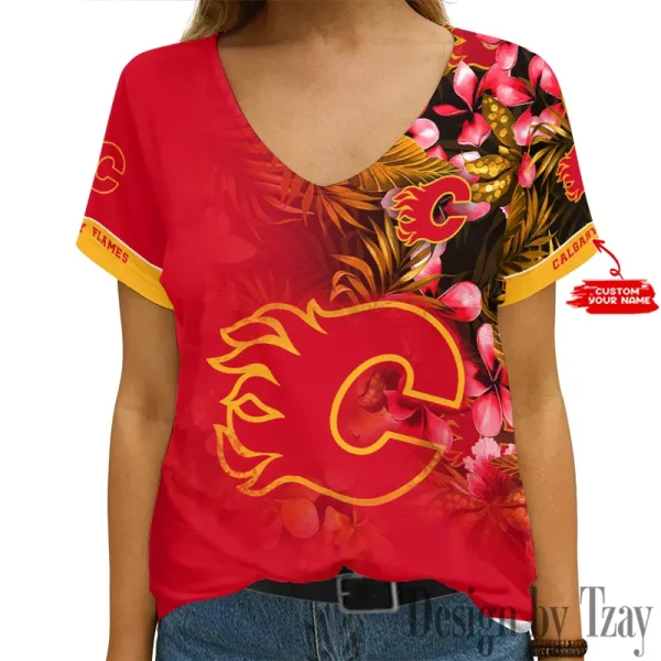 Calgary Flames NHL Girl Clothes Summer V-neck Short-sleeved Tees New 2025 AGCWTS1013