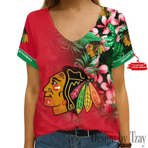 Chicago Blackhawks NHL Girl Clothes Summer V-neck Short-sleeved Tees New 2025 AGCWTS1015