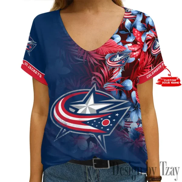 Columbus Blue Jackets NHL Girl Clothes Summer V-neck Short-sleeved Tees New 2025 AGCWTS1017