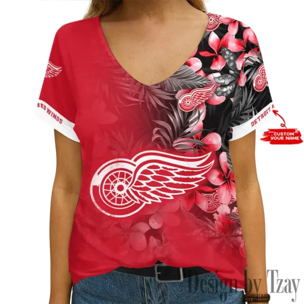 Detroit Red Wings NHL Girl Clothes Summer V-neck Short-sleeved Tees New 2025 AGCWTS1019