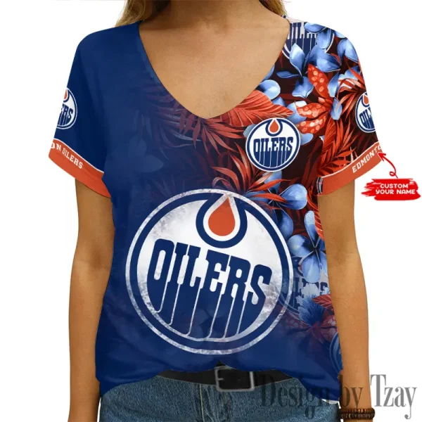 Edmonton Oilers NHL Girl Clothes Summer V-neck Short-sleeved Tees New 2025 AGCWTS1020