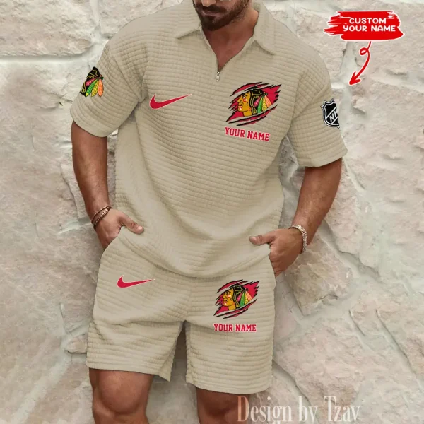 Chicago Blackhawks Men’s Waffle Pattern Half Zipper Shirt And Short BSPTWHZSS039 - Image 3