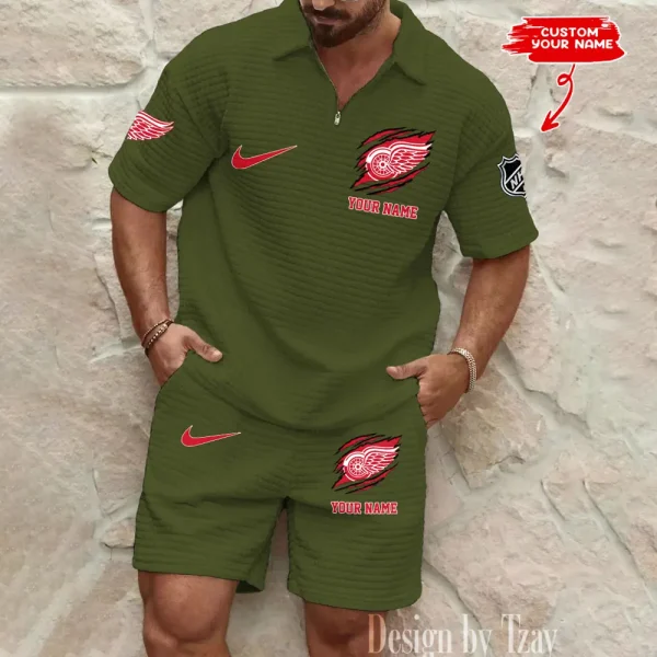 Detroit Red Wings Men’s Waffle Pattern Half Zipper Shirt And Short BSPTWHZSS043