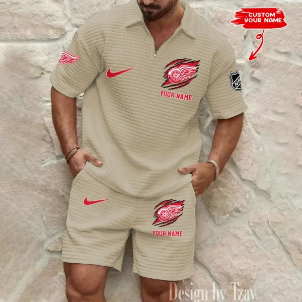Detroit Red Wings Men’s Waffle Pattern Half Zipper Shirt And Short BSPTWHZSS043 - Image 3