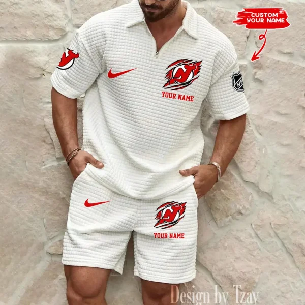 New Jersey Devils Men’s Waffle Pattern Half Zipper Shirt And Short BSPTWHZSS050 - Image 4