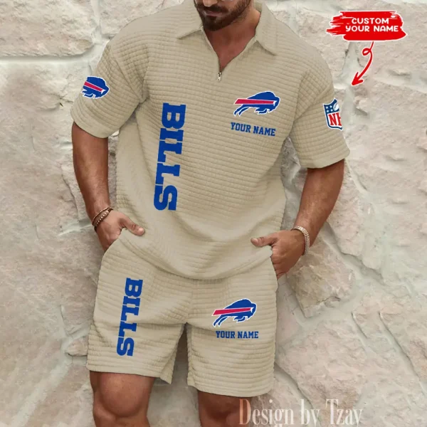Buffalo Bills Men’s Waffle Pattern Half Zipper Shirt And Short BSPTWHZSS069 - Image 2