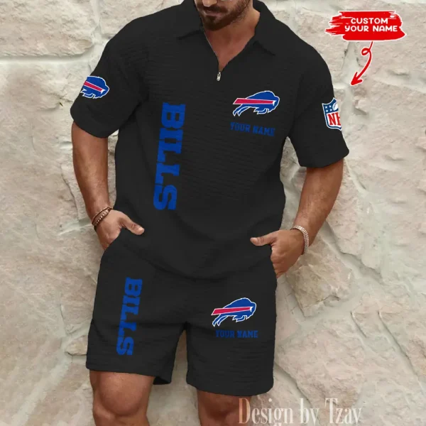 Buffalo Bills Men’s Waffle Pattern Half Zipper Shirt And Short BSPTWHZSS069 - Image 3