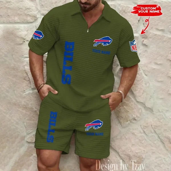 Buffalo Bills Men’s Waffle Pattern Half Zipper Shirt And Short BSPTWHZSS069 - Image 5