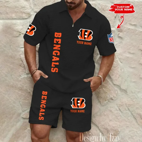 Cincinnati Bengals Men’s Waffle Pattern Half Zipper Shirt And Short BSPTWHZSS072 - Image 2