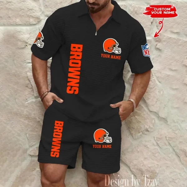 Cleveland Browns Men’s Waffle Pattern Half Zipper Shirt And Short BSPTWHZSS073 - Image 2