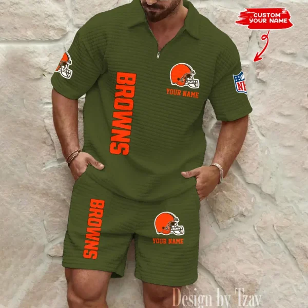 Cleveland Browns Men’s Waffle Pattern Half Zipper Shirt And Short BSPTWHZSS073 - Image 5