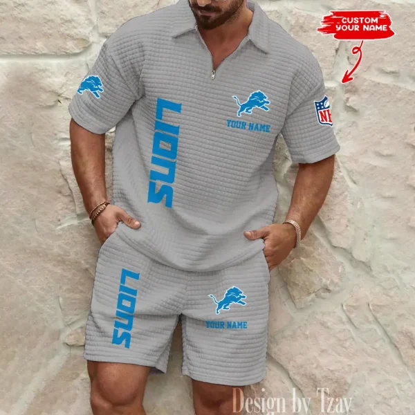 Detroit Lions Men’s Waffle Pattern Half Zipper Shirt And Short BSPTWHZSS076 - Image 3