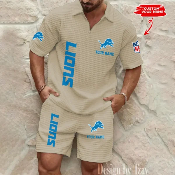 Detroit Lions Men’s Waffle Pattern Half Zipper Shirt And Short BSPTWHZSS076 - Image 4