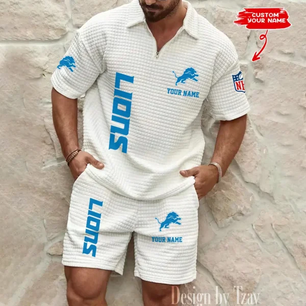 Detroit Lions Men’s Waffle Pattern Half Zipper Shirt And Short BSPTWHZSS076 - Image 5