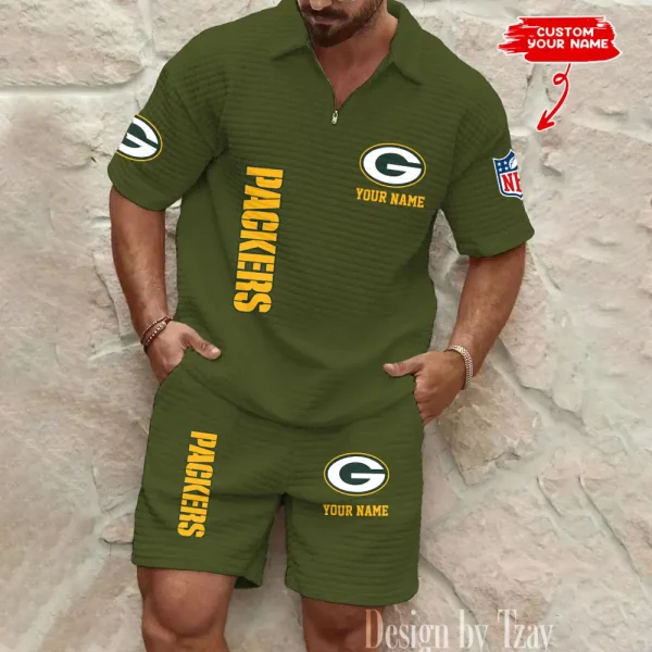 Green Bay Packers Men’s Waffle Pattern Half Zipper Shirt And Short BSPTWHZSS077 - Image 2