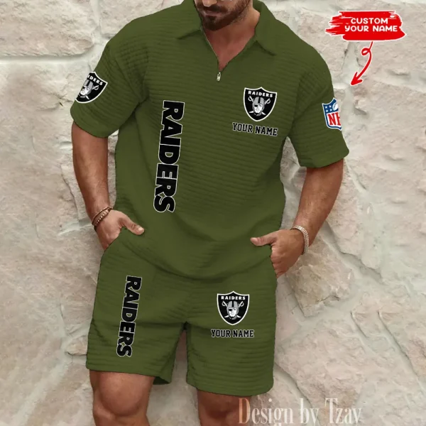 Las Vegas Raiders Men’s Waffle Pattern Half Zipper Shirt And Short BSPTWHZSS082 - Image 2
