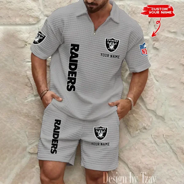 Las Vegas Raiders Men’s Waffle Pattern Half Zipper Shirt And Short BSPTWHZSS082 - Image 3