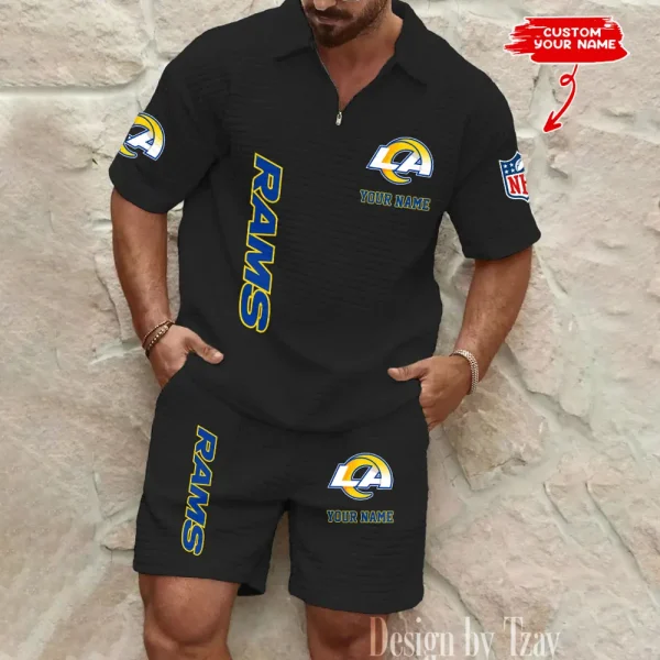 Los Angeles Rams Men’s Waffle Pattern Half Zipper Shirt And Short BSPTWHZSS084 - Image 2