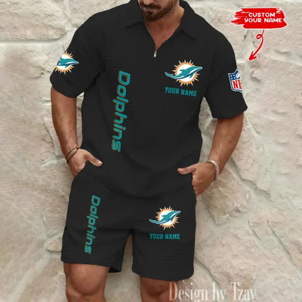 Miami Dolphins Men’s Waffle Pattern Half Zipper Shirt And Short BSPTWHZSS085 - Image 2