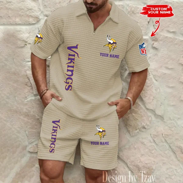 Minnesota Vikings Men’s Waffle Pattern Half Zipper Shirt And Short BSPTWHZSS086 - Image 2