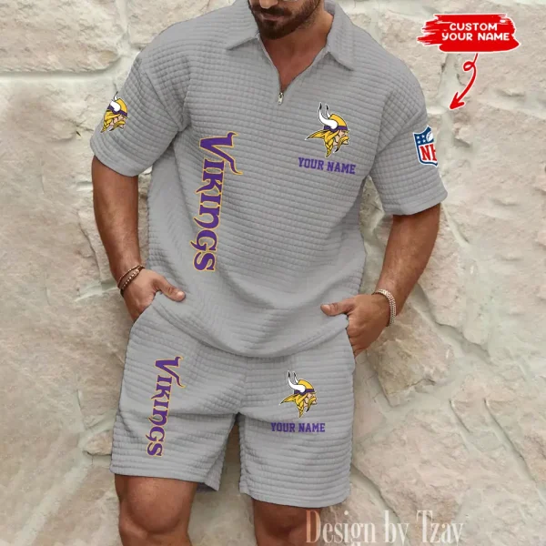 Minnesota Vikings Men’s Waffle Pattern Half Zipper Shirt And Short BSPTWHZSS086 - Image 3