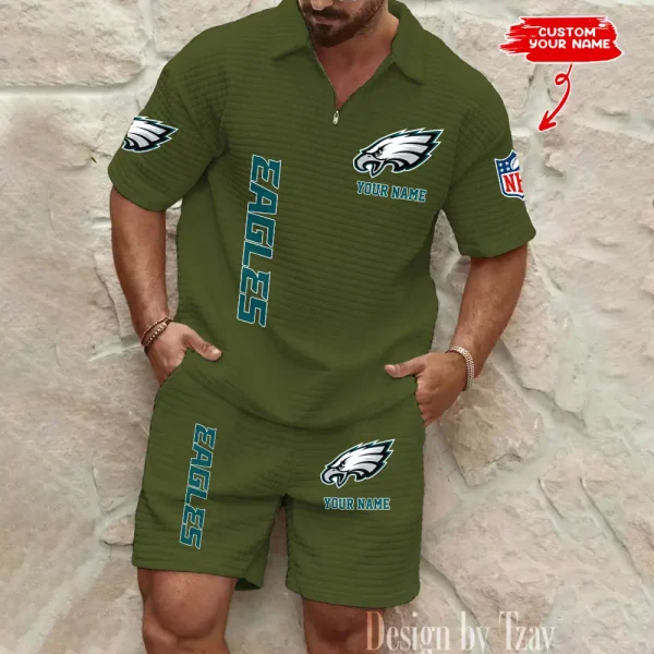 Philadelphia Eagles Men’s Waffle Pattern Half Zipper Shirt And Short BSPTWHZSS091 - Image 2