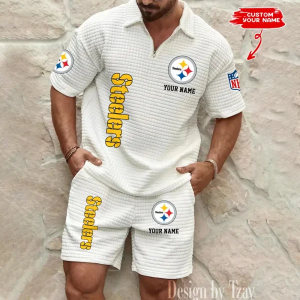 Pittsburgh Steelers Men’s Waffle Pattern Half Zipper Shirt And Short BSPTWHZSS092 - Image 2