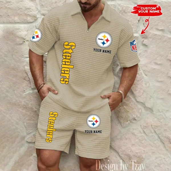 Pittsburgh Steelers Men’s Waffle Pattern Half Zipper Shirt And Short BSPTWHZSS092 - Image 3