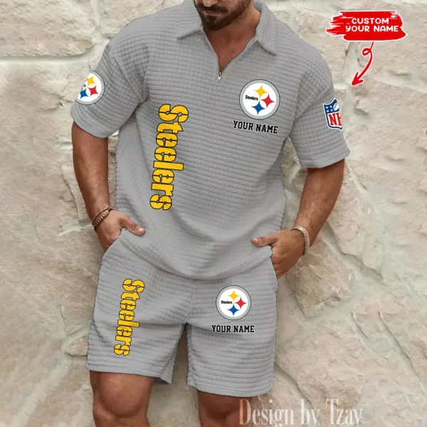 Pittsburgh Steelers Men’s Waffle Pattern Half Zipper Shirt And Short BSPTWHZSS092 - Image 4