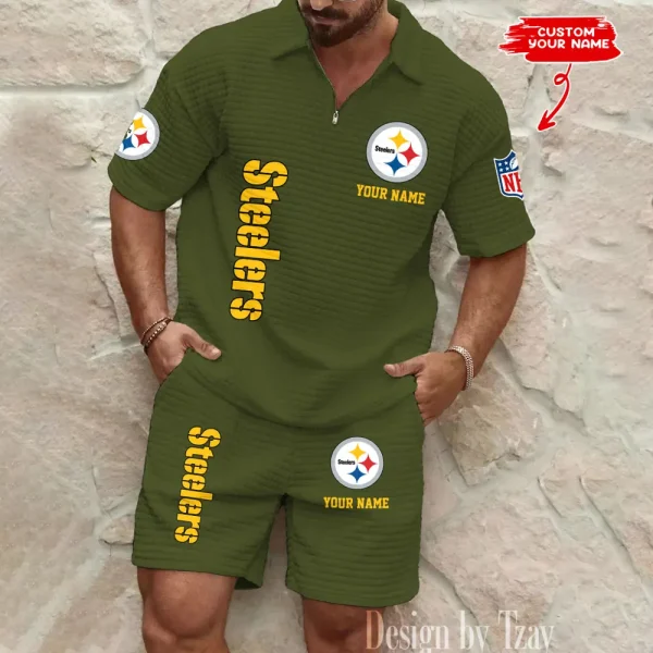 Pittsburgh Steelers Men’s Waffle Pattern Half Zipper Shirt And Short BSPTWHZSS092 - Image 5