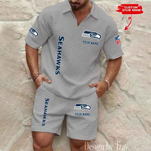 Seattle Seahawks Men’s Waffle Pattern Half Zipper Shirt And Short BSPTWHZSS094 - Image 2