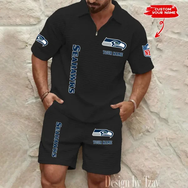 Seattle Seahawks Men’s Waffle Pattern Half Zipper Shirt And Short BSPTWHZSS094 - Image 3