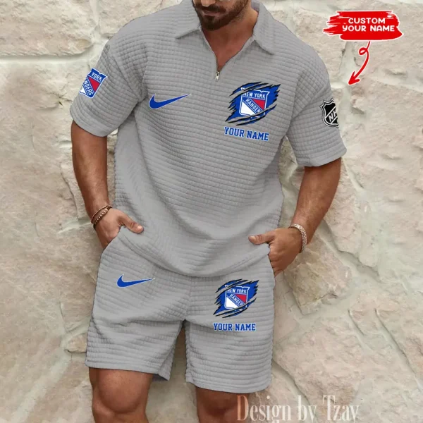 New York Rangers Men’s Waffle Pattern Half Zipper Shirt And Short BSPTWHZSS052 - Image 2