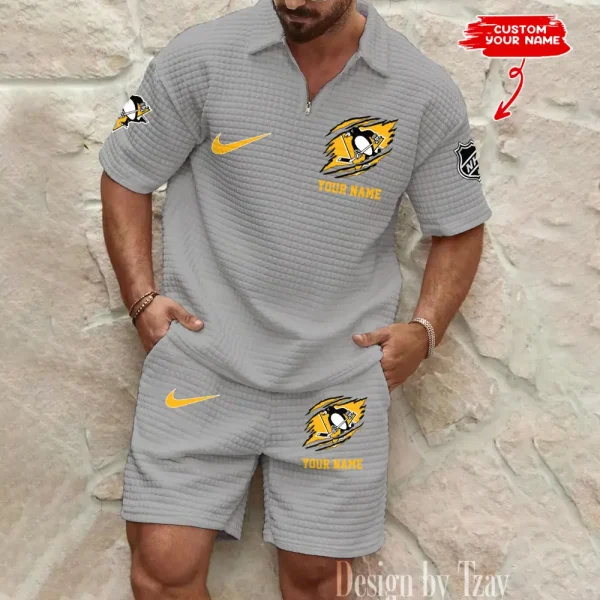 Pittsburgh Penguins Men’s Waffle Pattern Half Zipper Shirt And Short BSPTWHZSS055 - Image 2