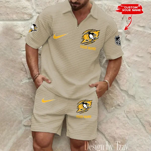 Pittsburgh Penguins Men’s Waffle Pattern Half Zipper Shirt And Short BSPTWHZSS055 - Image 3