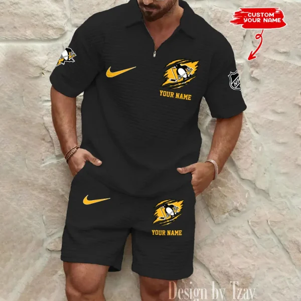 Pittsburgh Penguins Men’s Waffle Pattern Half Zipper Shirt And Short BSPTWHZSS055 - Image 5