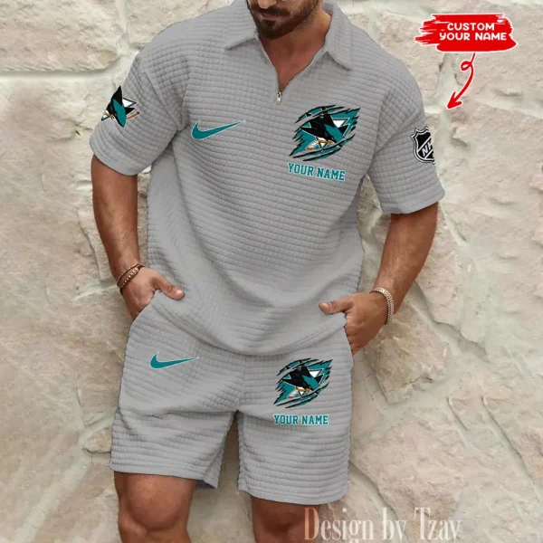 San Jose Sharks Men’s Waffle Pattern Half Zipper Shirt And Short BSPTWHZSS056 - Image 2