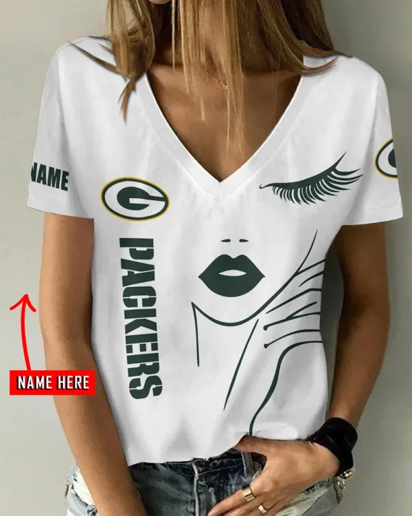 Green Bay Packers Girl Clothes Summer V-neck Short-sleeved Tees New 2025 AGCWTS1043