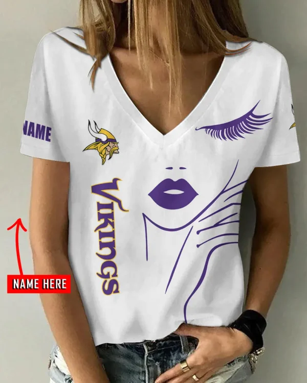 Minnesota Vikings Girl Clothes Summer V-neck Short-sleeved Tees New 2025 AGCWTS1052