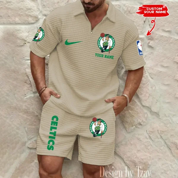 Boston Celtics NBA Men’s Waffle Pattern Half Zipper Shirt And Short BSPTWHZSS131 - Image 2
