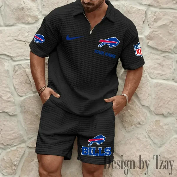 Buffalo Bills Men’s Waffle Pattern Half Zipper Shirt And Short BSPTWHZSS101 - Image 3