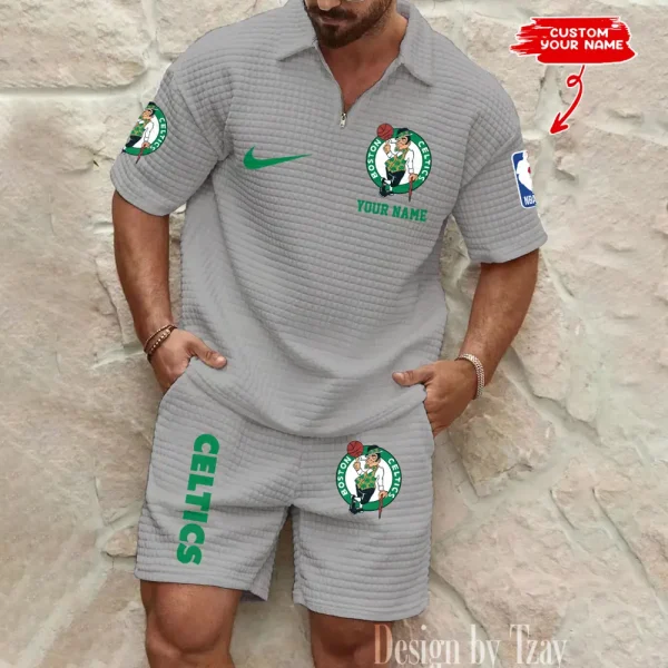 Boston Celtics NBA Men’s Waffle Pattern Half Zipper Shirt And Short BSPTWHZSS131 - Image 4
