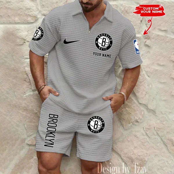 Brooklyn Nets NBA Men’s Waffle Pattern Half Zipper Shirt And Short BSPTWHZSS132 - Image 3
