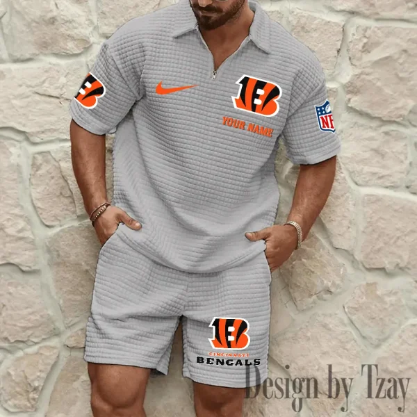 Cincinnati Bengals Men’s Waffle Pattern Half Zipper Shirt And Short BSPTWHZSS104 - Image 5