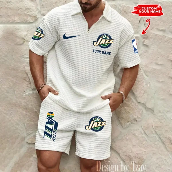 Utah Jazz NBA Men’s Waffle Pattern Half Zipper Shirt And Short BSPTWHZSS134 - Image 3