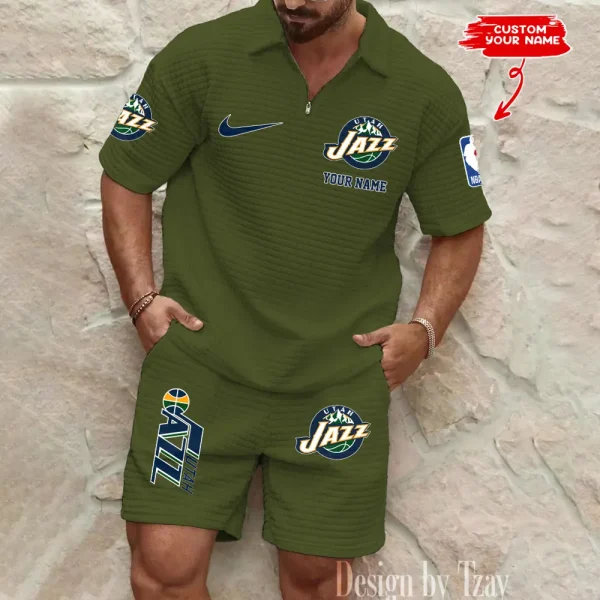 Utah Jazz NBA Men’s Waffle Pattern Half Zipper Shirt And Short BSPTWHZSS134 - Image 4