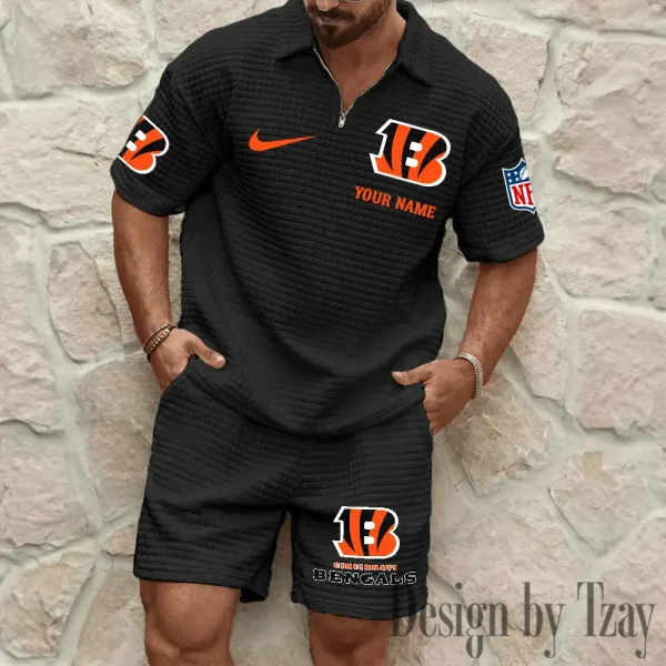 Cincinnati Bengals Men’s Waffle Pattern Half Zipper Shirt And Short BSPTWHZSS104 - Image 6