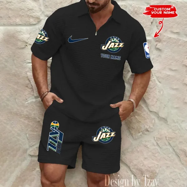 Utah Jazz NBA Men’s Waffle Pattern Half Zipper Shirt And Short BSPTWHZSS134 - Image 5