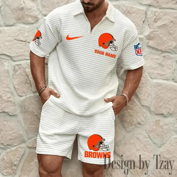 Cleveland Browns Men’s Waffle Pattern Half Zipper Shirt And Short BSPTWHZSS105 - Image 2
